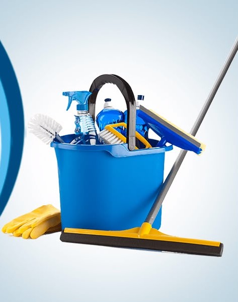 Cleaning supplies: bucket, mop, squeegee and spray bottles used by Kingscon Cleaning Services